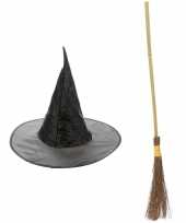 Heksen accessoires set hoed bezem meisjes