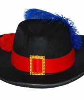 Musketier hoed rode band blauwe veer