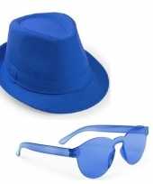 Toppers blauw trilby party hoedje blauwe zonnebril